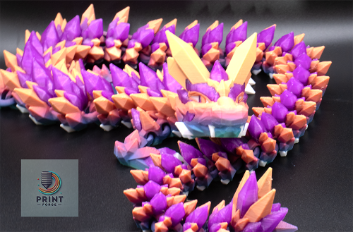 3D-printed dragon model with purple and orange scales on a black background